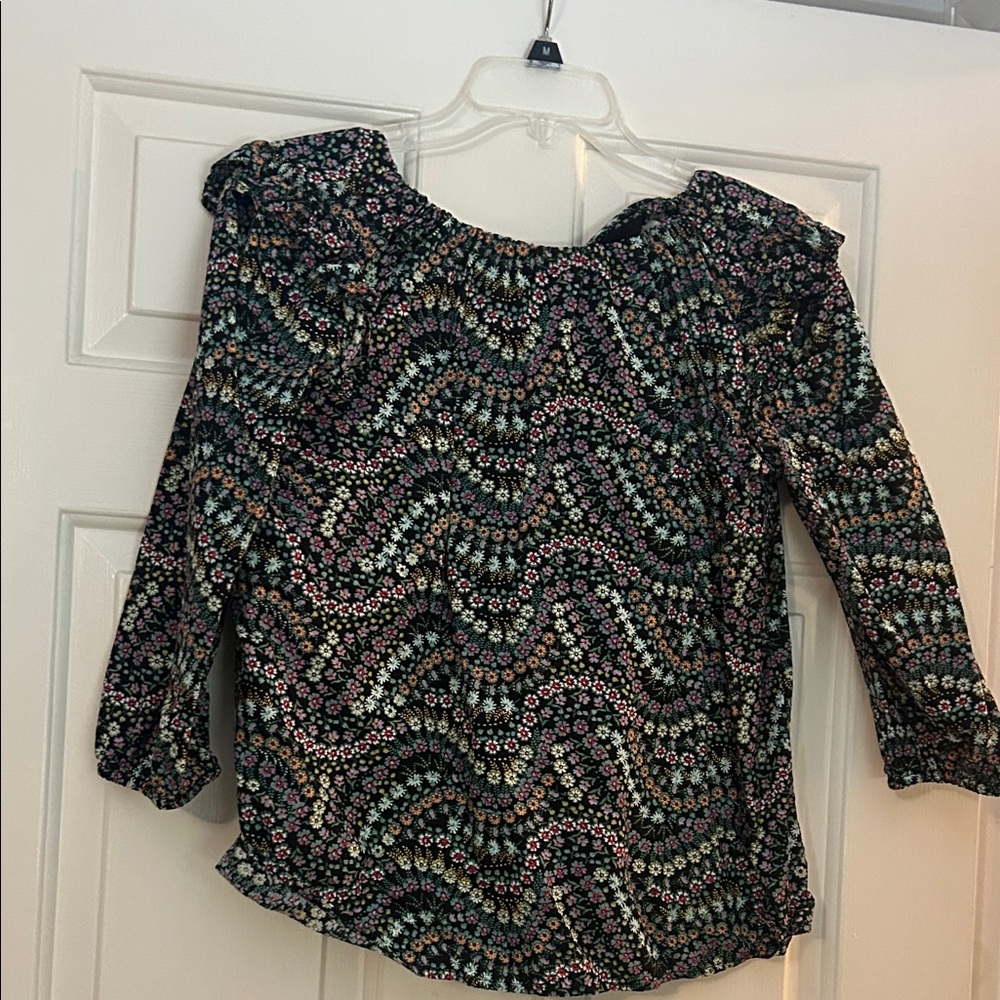 LOFT Black Floral Off-Shoulder Blouse with Pink and Blue Accents